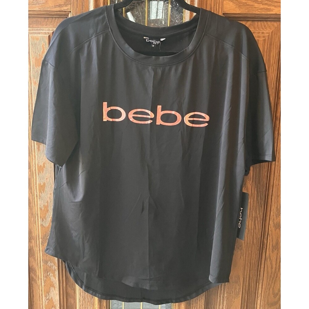 New‎ Bebe Sport Printed Logo T-Shirt Black Metallic Pink Logo Medium MSRP $39